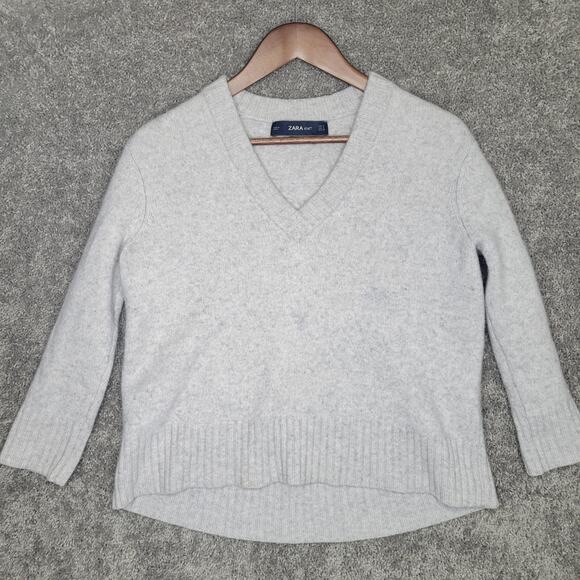 Zara Knit Cashmere Beige V Neck Pullover Sweater High Low Size Small - Picture 1 of 6